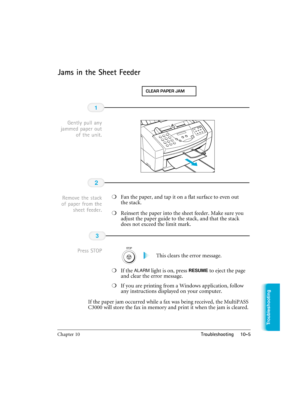 CK Electric Part C3000 manual Jams in the Sheet Feeder, Gently pull any jammed paper out of the unit 