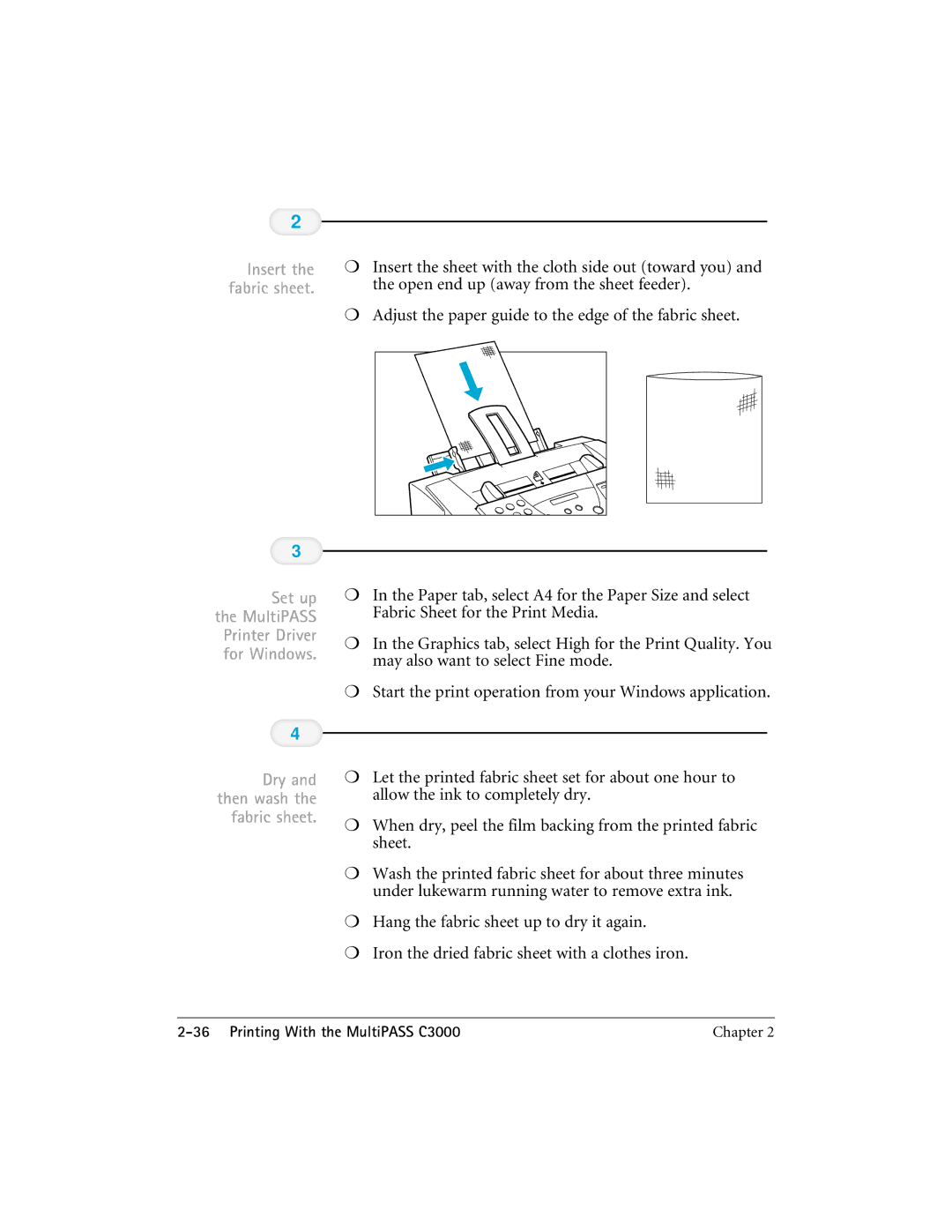 CK Electric Part C3000 manual Set up the MultiPASS Printer Driver for Windows, Dry and then wash the fabric sheet 