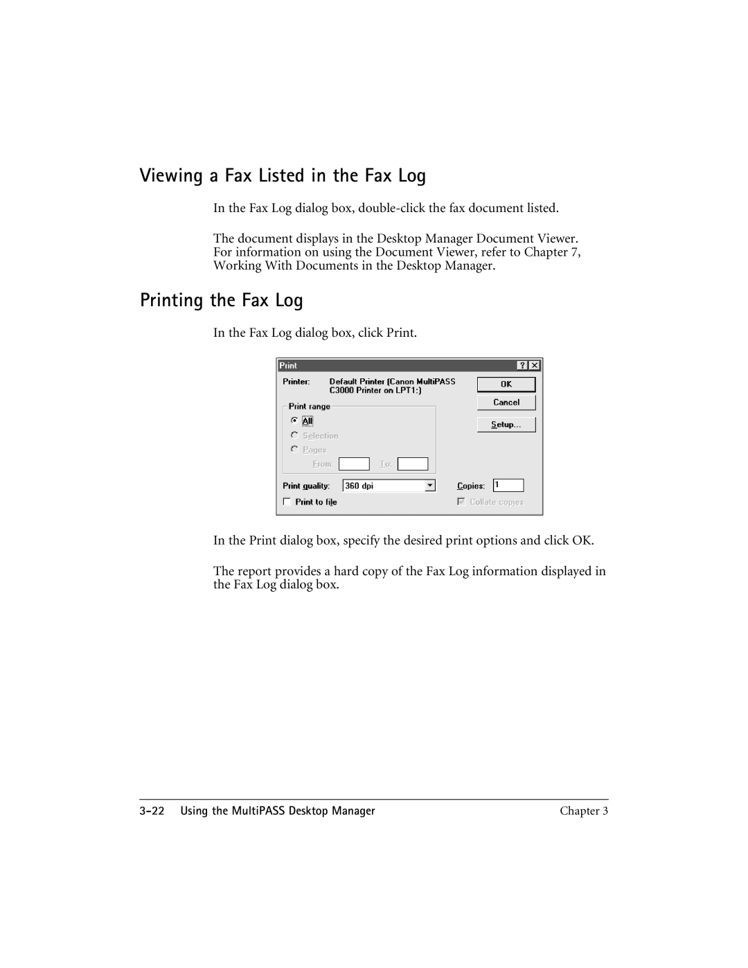 CK Electric Part C3000 manual Viewing a Fax Listed in the Fax Log, Printing the Fax Log 