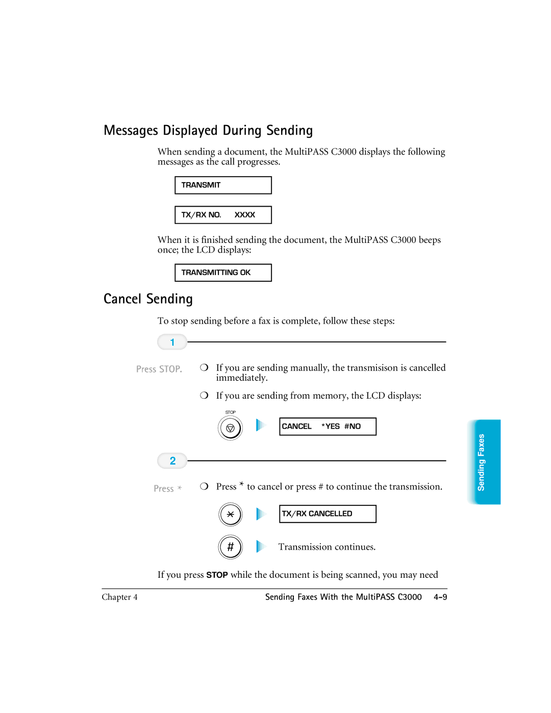 CK Electric Part C3000 manual Messages Displayed During Sending, Cancel Sending, Press Stop 