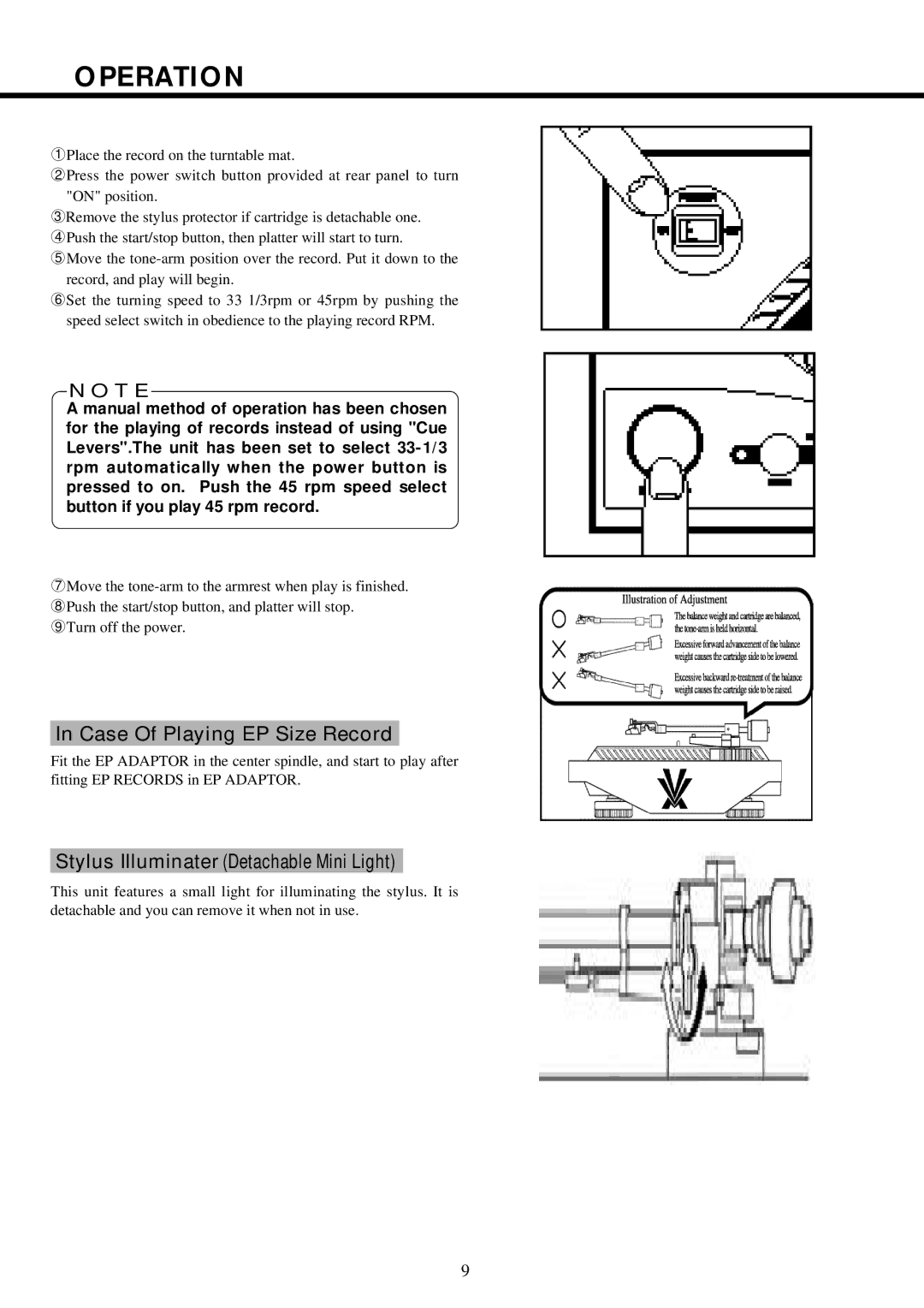 CK Electric Part PDX-8000 owner manual Operation, Case Of Playing EP Size Record, Stylus Illuminater Detachable Mini Light 