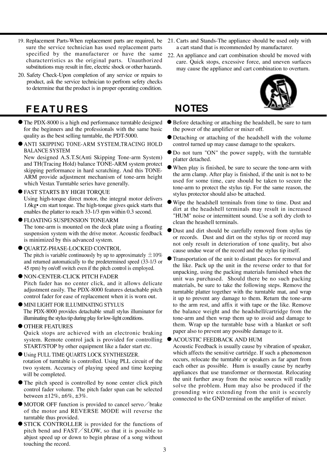 CK Electric Part PDX-8000 owner manual A T U R E S, Anti Skipping TONE-ARM SYSTEM,TRACING Hold Balance System 