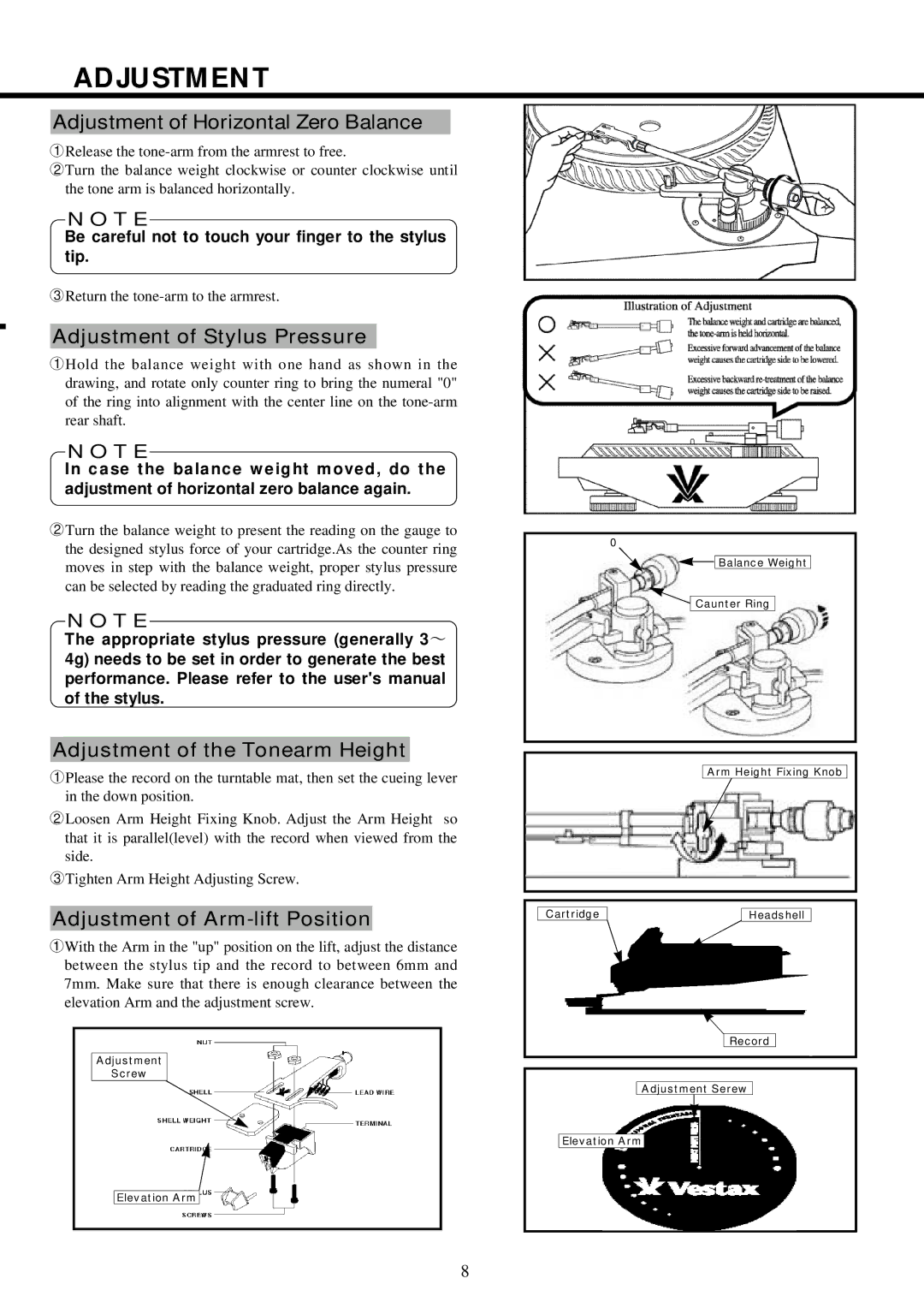 CK Electric Part PDX-8000 owner manual Adjustment of Horizontal Zero Balance, Adjustment of Stylus Pressure 