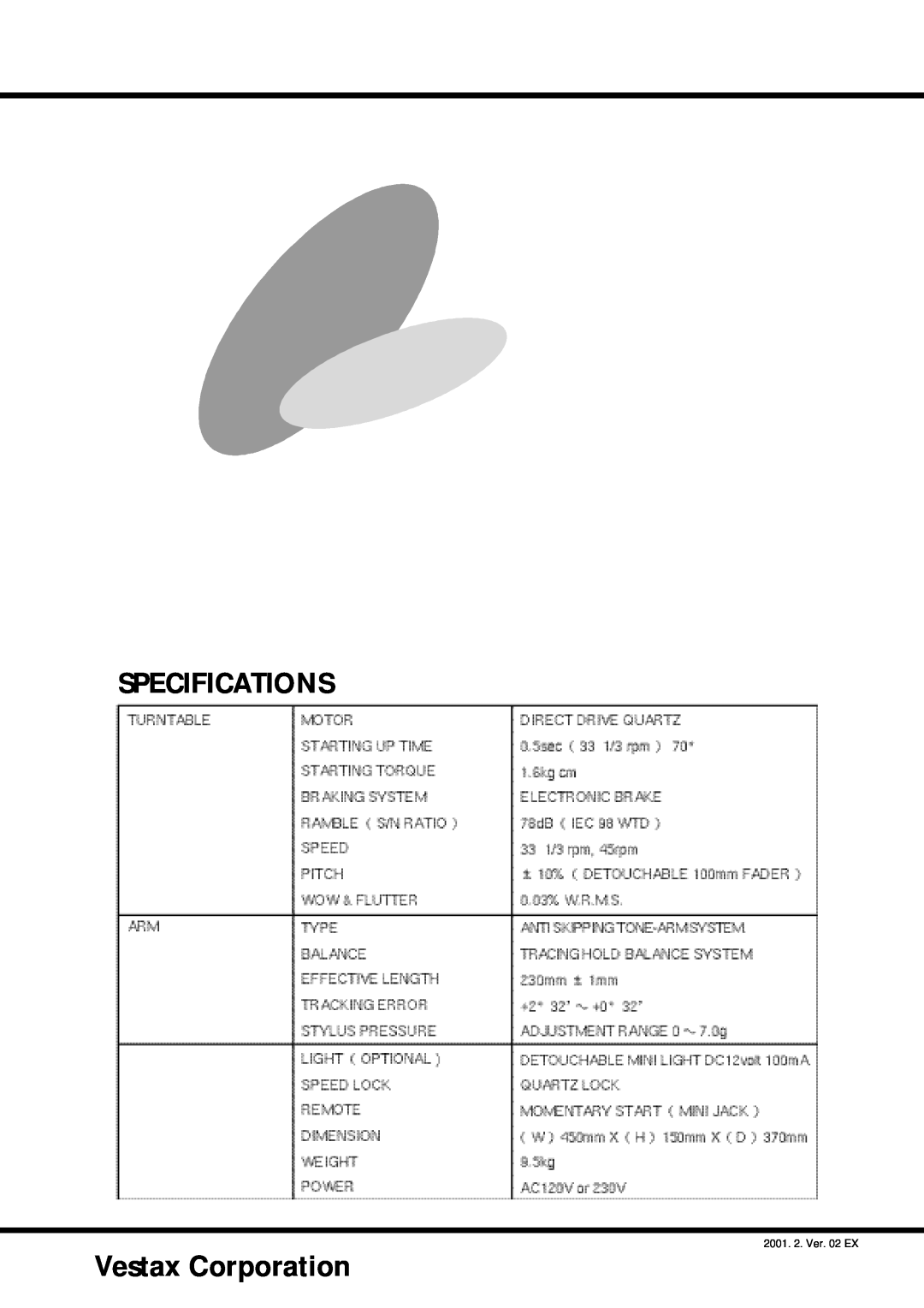 CK Electric Part PDX-8000 owner manual Vestax Corporation, Specifications, 2001. 2. Ver. 02 EX 