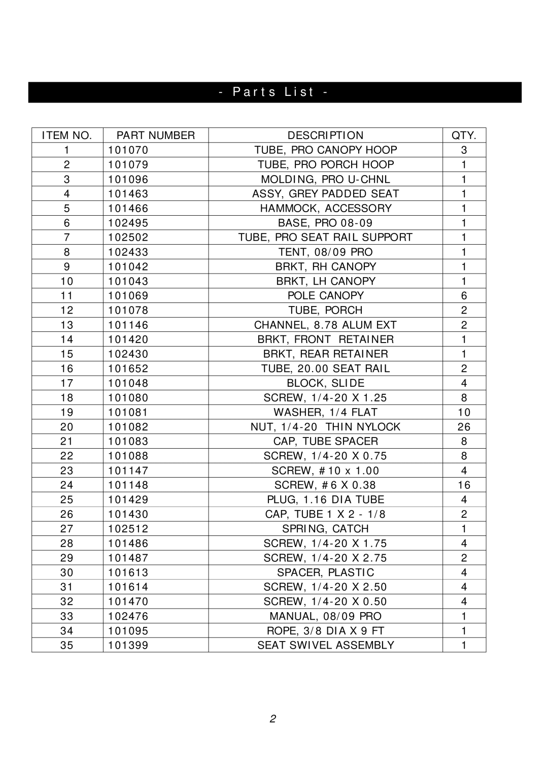 Clam Corp 8 0 9 7 manual Parts List 