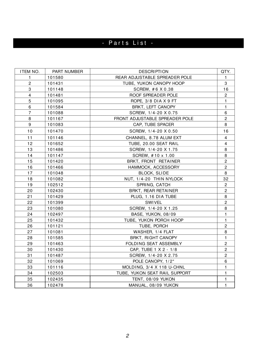 Clam Corp 8062 manual Parts List, Roof Spreader Pole 