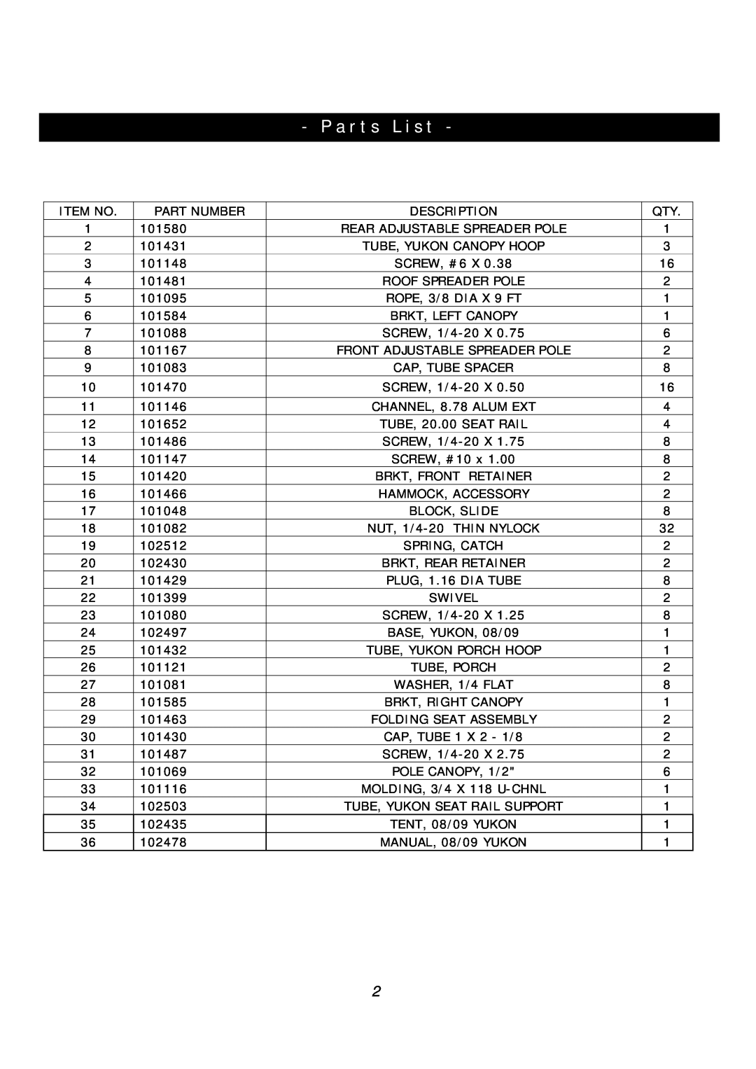 Clam Corp 8062 manual Parts List 