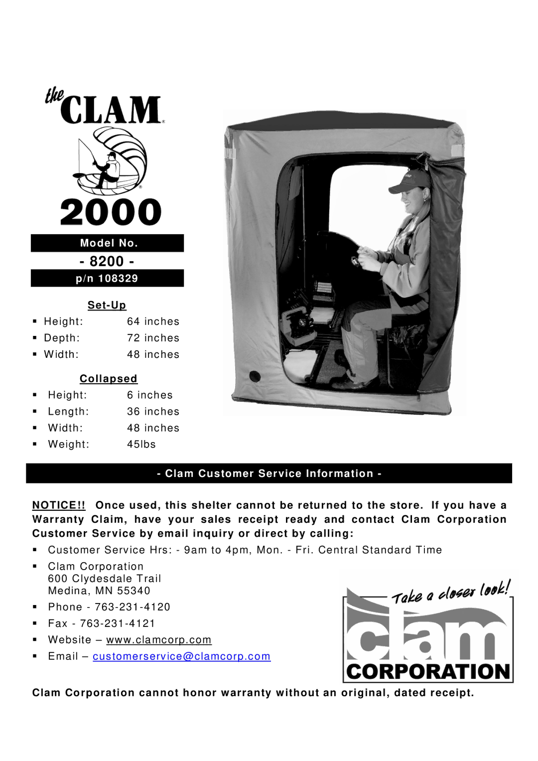 Clam Corp 8200 manual Model No, Clam Customer Service Information 