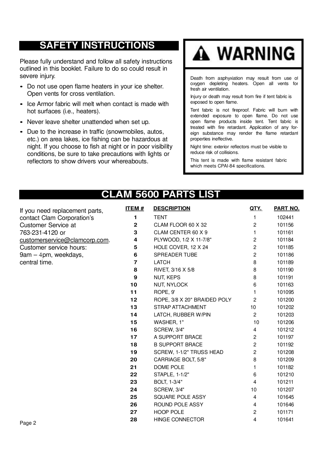 Clam Corp 8201 manual Safety Instructions, Clam 5600 Parts List 