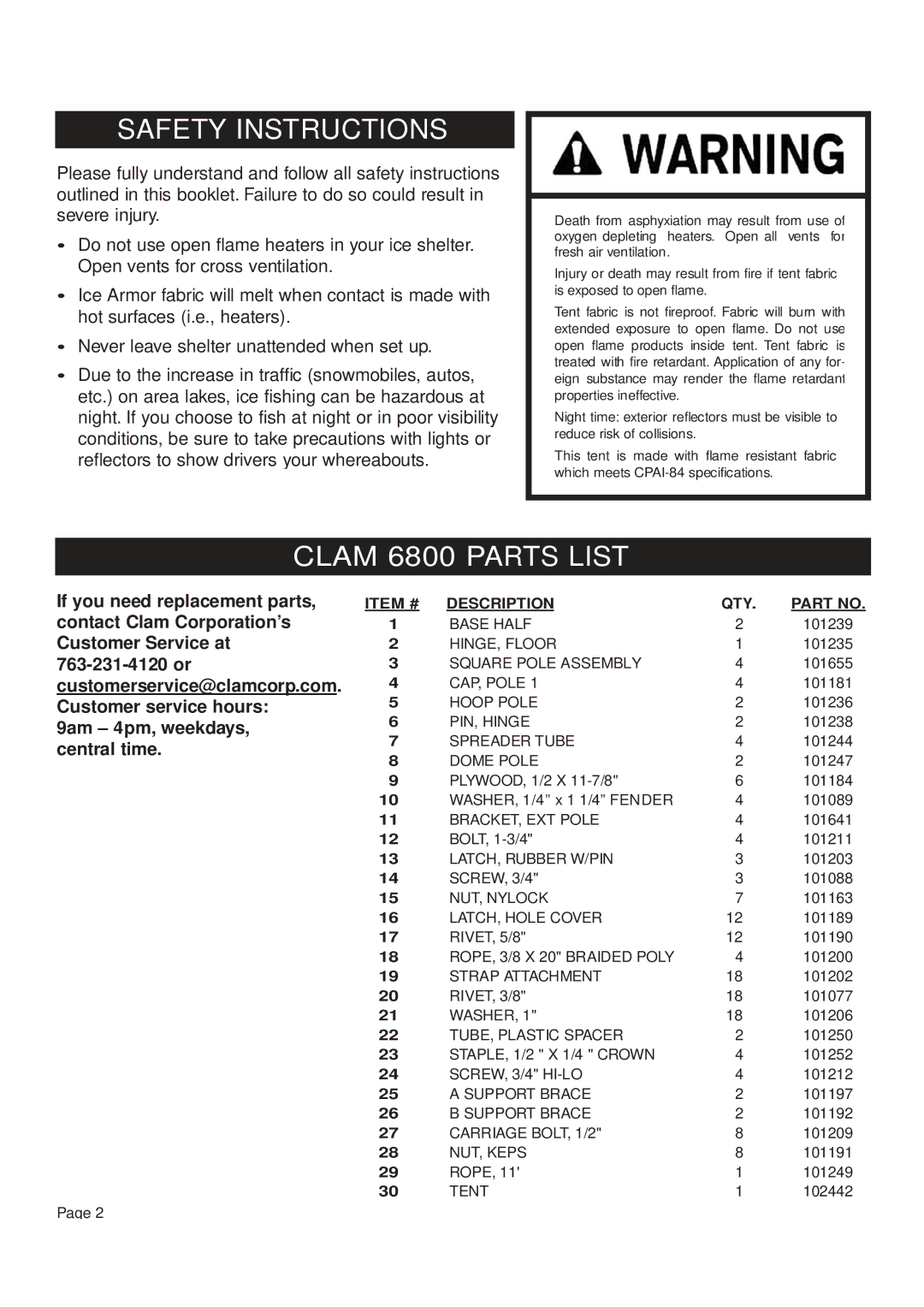 Clam Corp 8202 manual Safety Instructions 