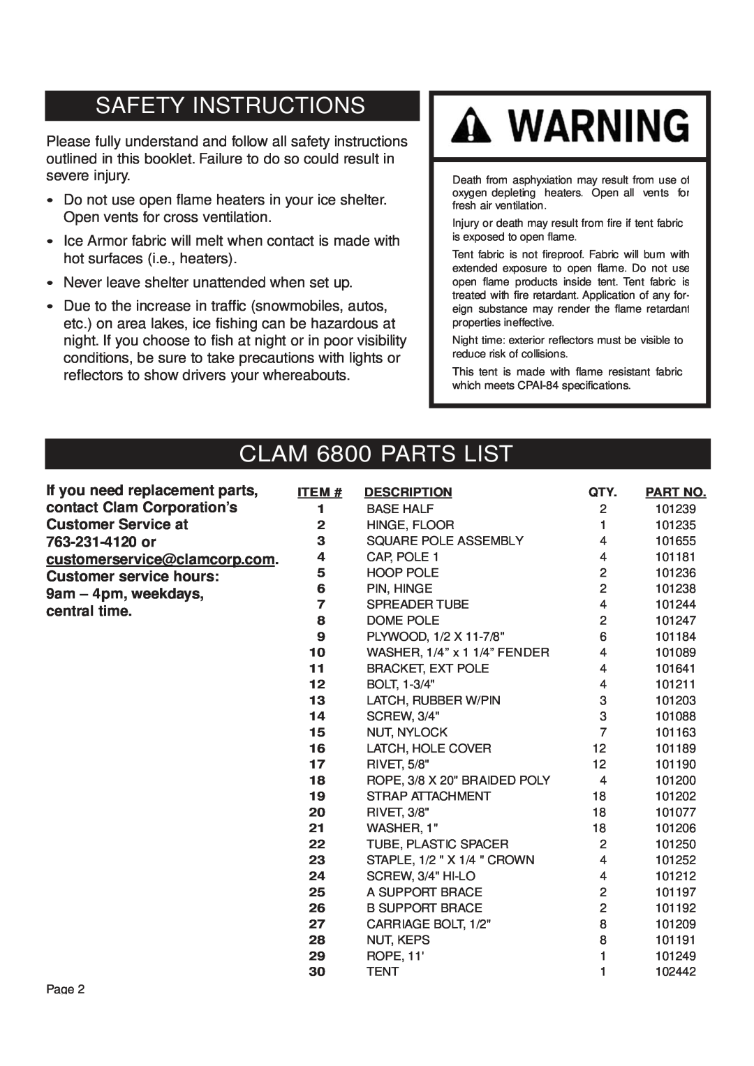 Clam Corp 8202 manual Safety Instructions, CLAM 6800 PARTS LIST, 9am -4pm, weekdays, central time 