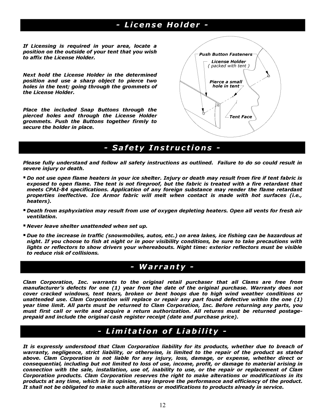 Clam Corp 8208 manual License Holder, Safety Instructions, Warranty, Limitation of Liability 