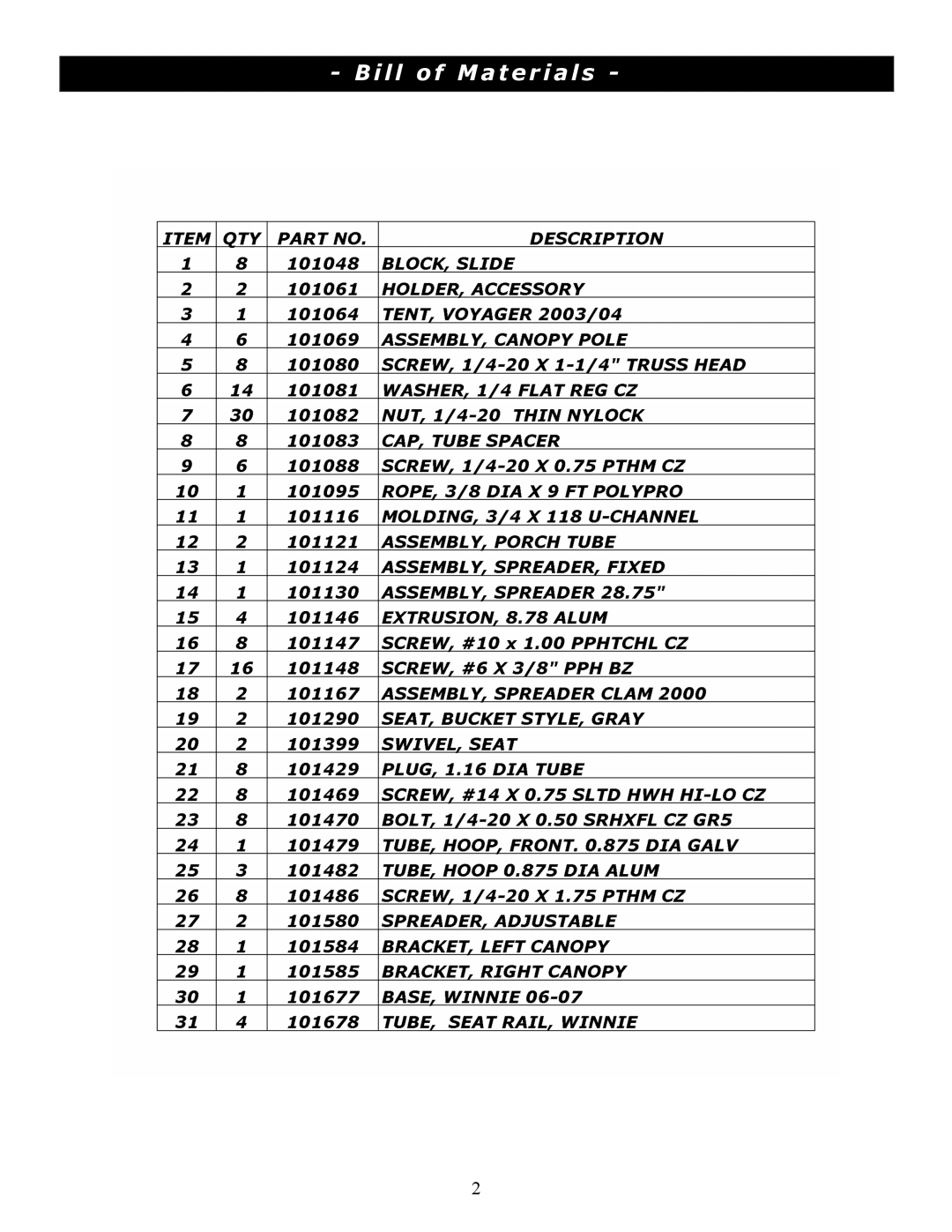 Clam Corp 8208 manual Bill of Materials 