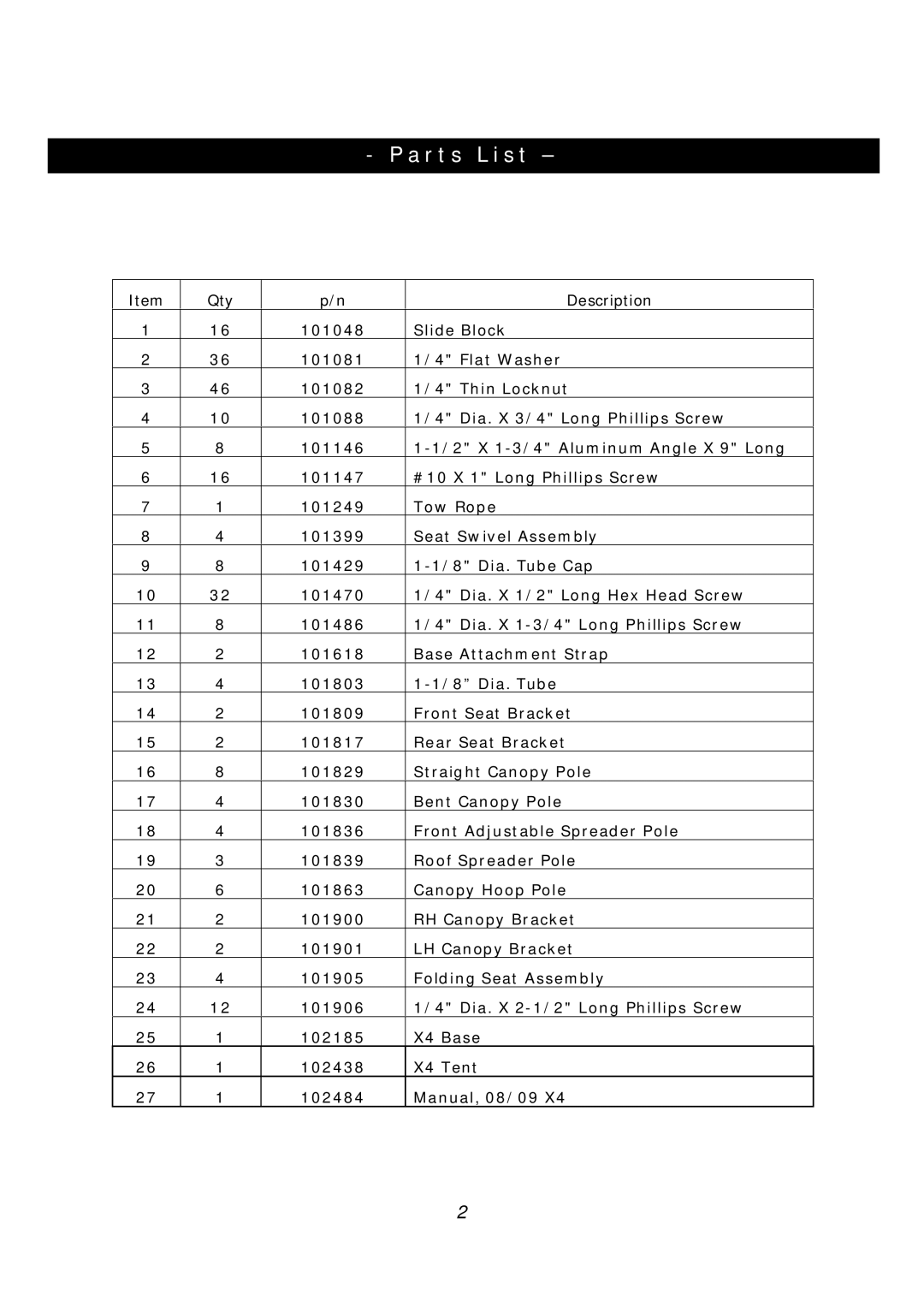 Clam Corp 8235 manual Parts List 