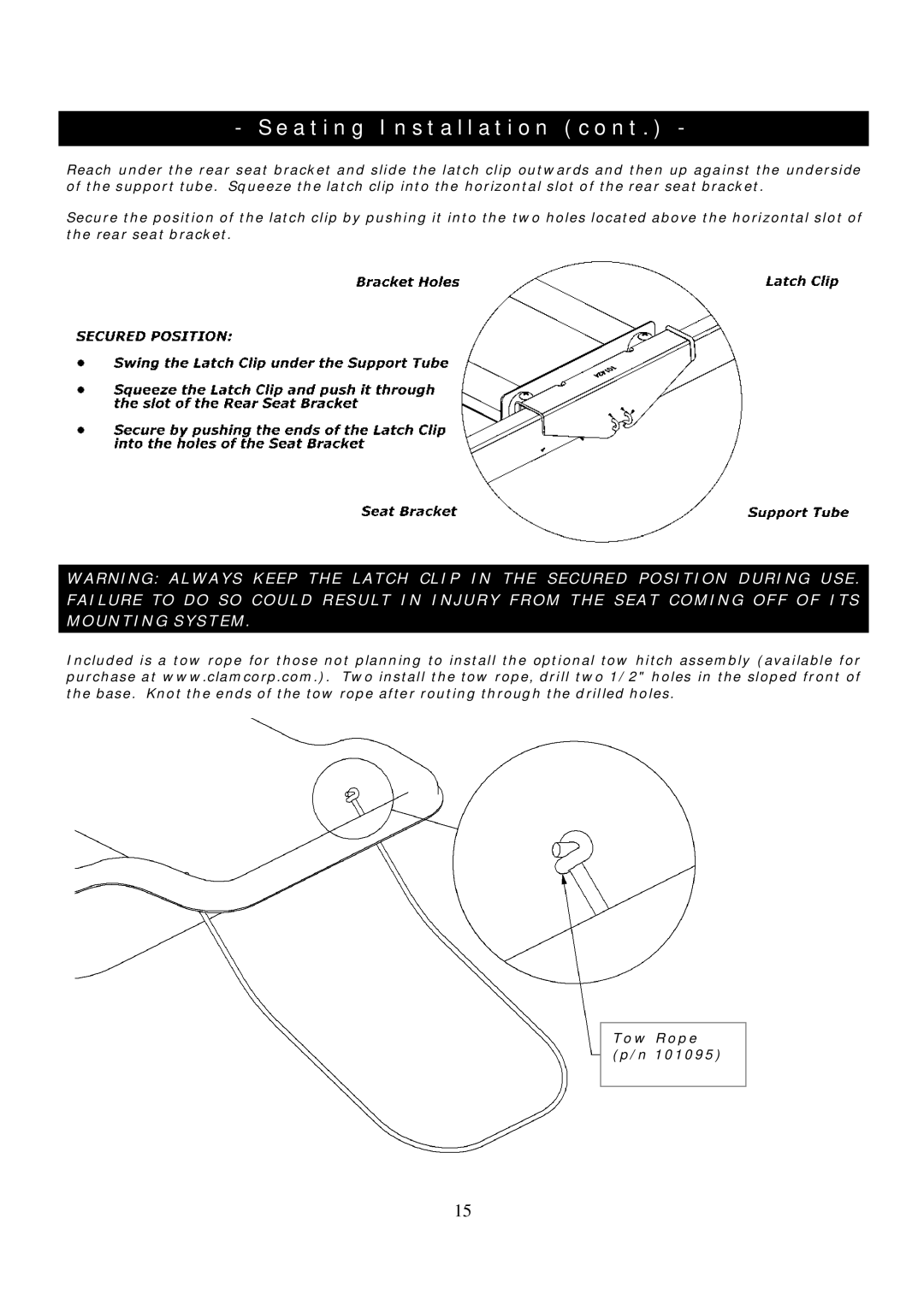 Clam Corp 8237 manual Seating Installation 