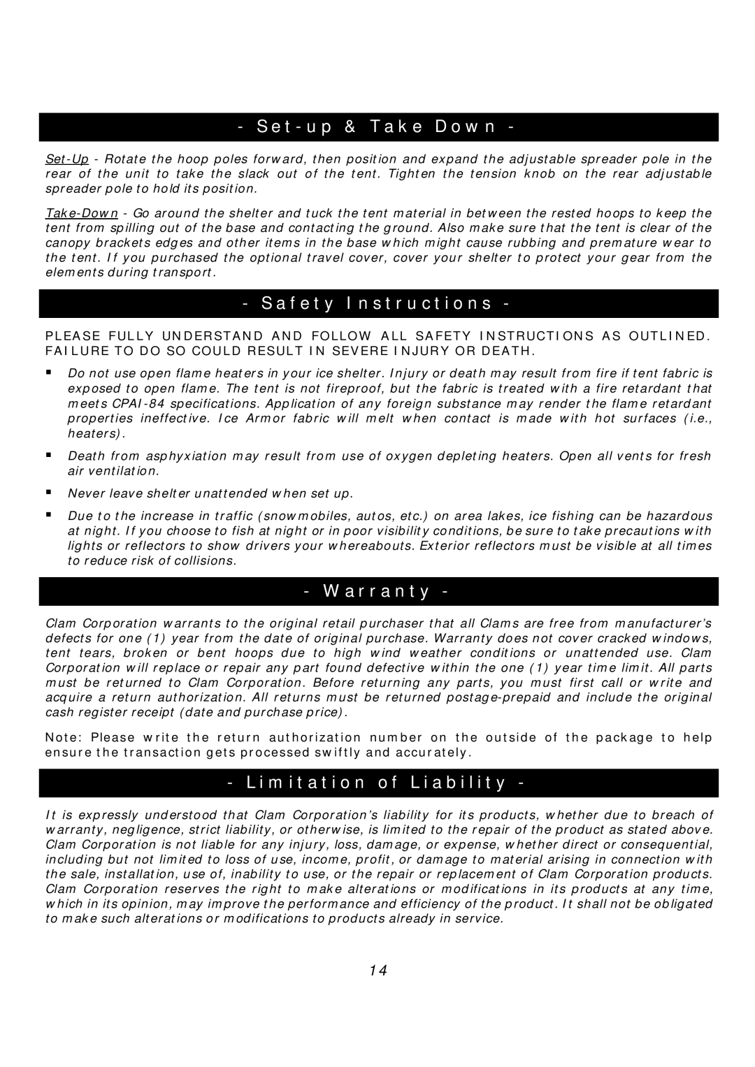 Clam Corp 8244 manual Set up & Take Down, Safety Instructions, Warranty, Limitation of Liability 