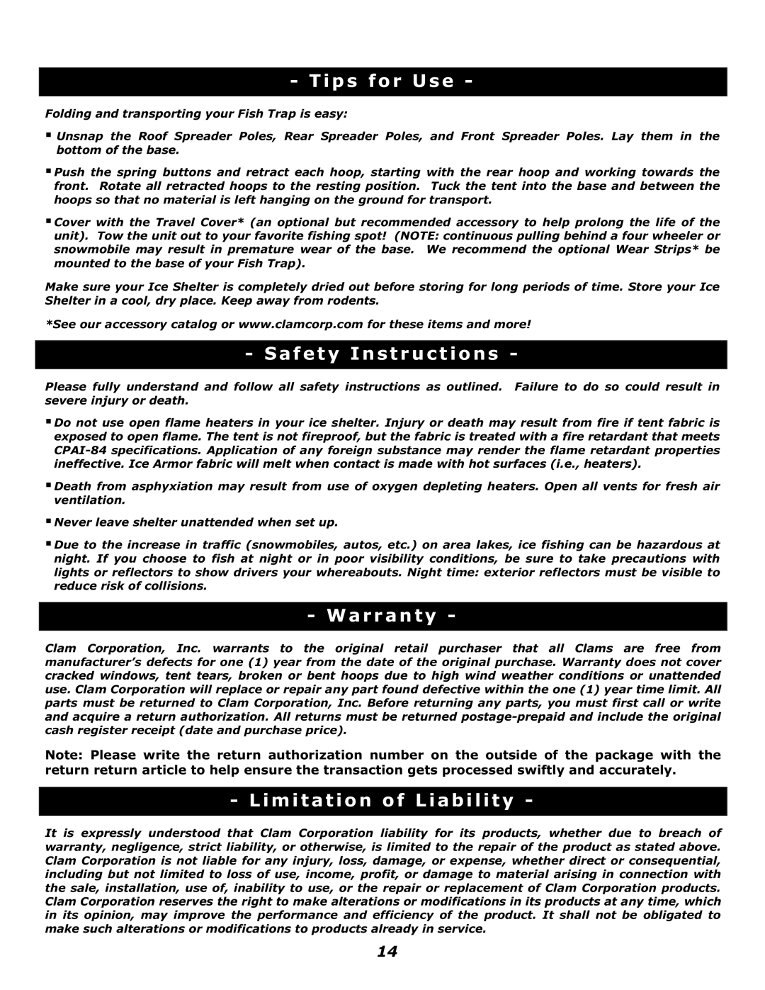 Clam Corp 8245 manual Tips for Use, Safety Instructions, Warranty, Limitation of Liability 