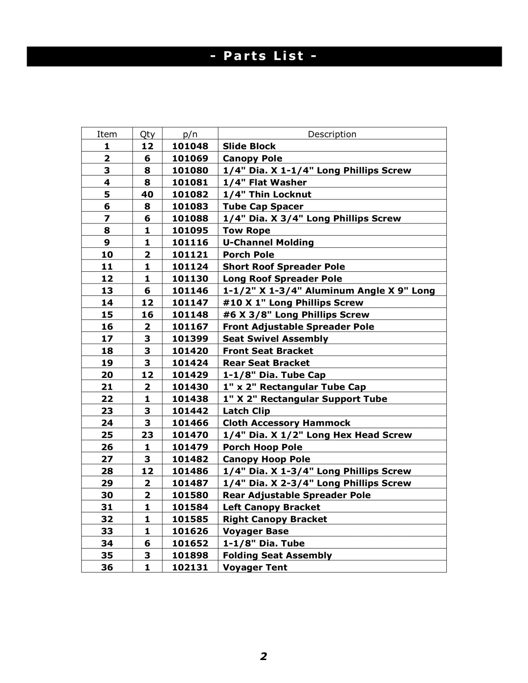 Clam Corp 8245 manual Parts List 