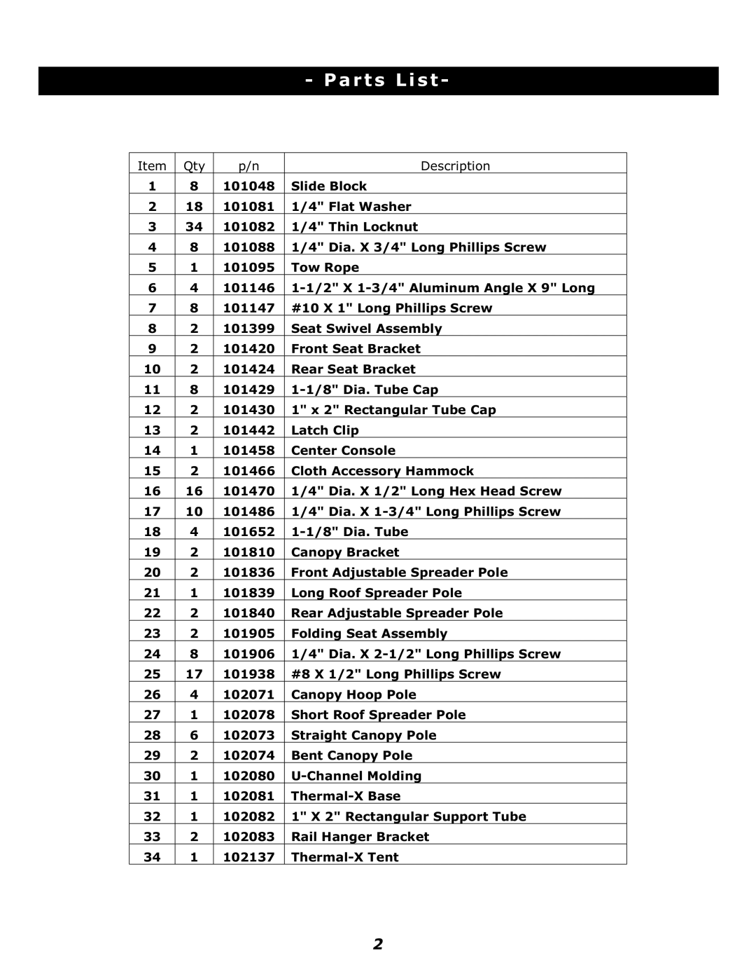 Clam Corp 8280 manual Parts List 