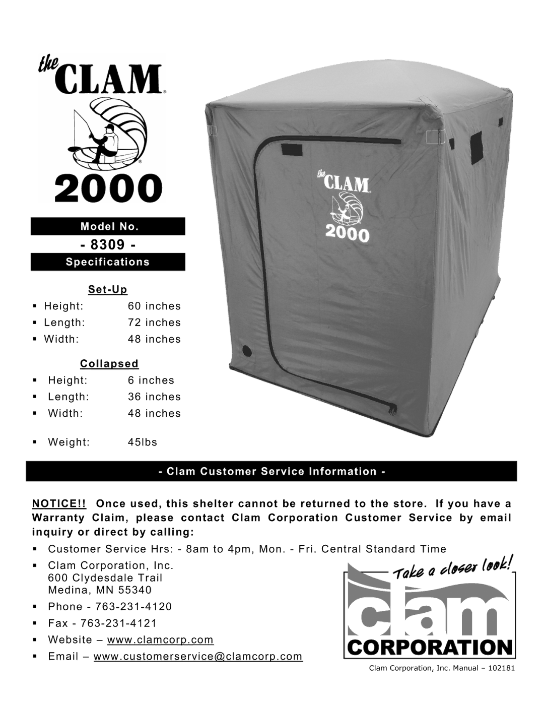 Clam Corp 8309 manual Model No, Specifications, Clam Customer Service Information 