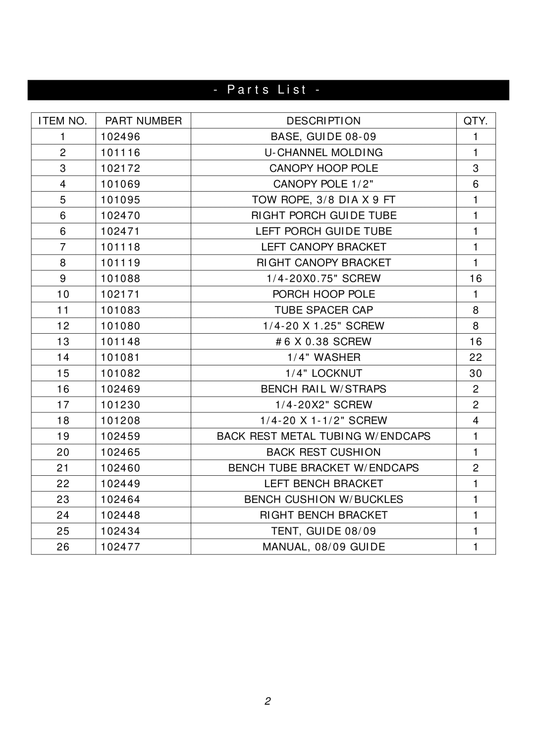 Clam Corp 8323 manual Parts List 