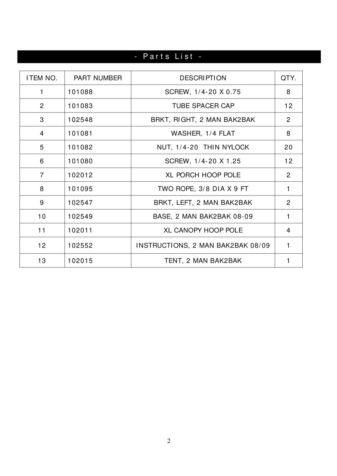 Clam Corp 8354 manual Parts List 