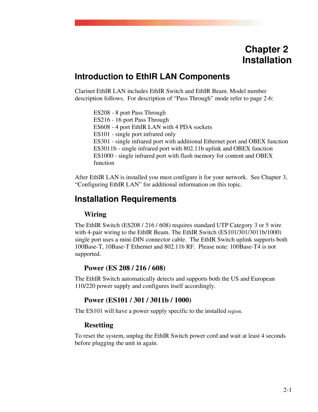 Clarinet Systems manual Introduction to EthIR LAN Components, Installation Requirements 