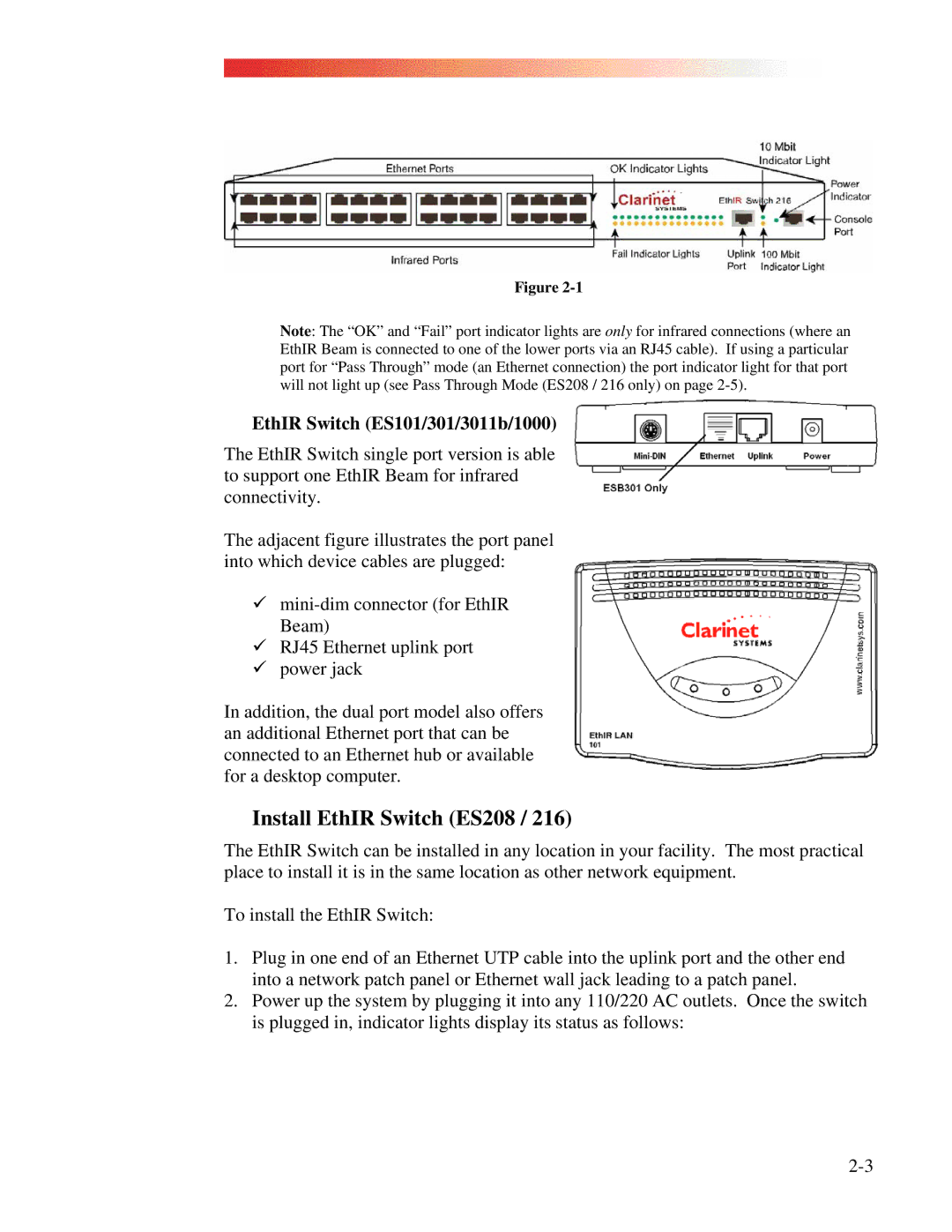 Clarinet Systems EthIR LAN manual Install EthIR Switch ES208, EthIR Switch ES101/301/3011b/1000 