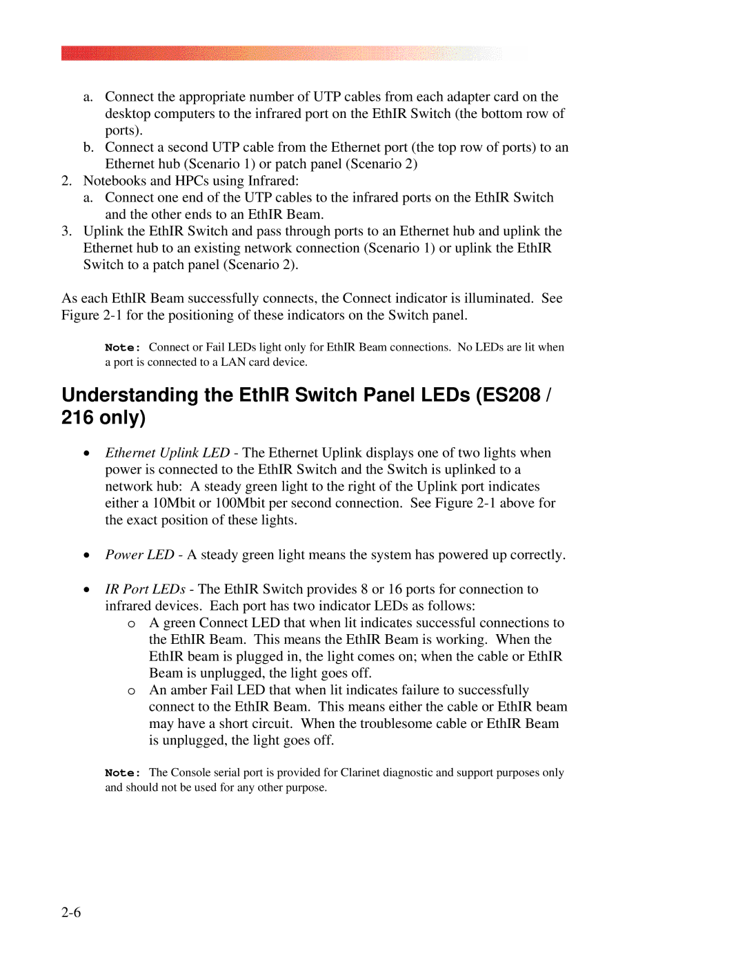 Clarinet Systems EthIR LAN manual Understanding the EthIR Switch Panel LEDs ES208 / 216 only 