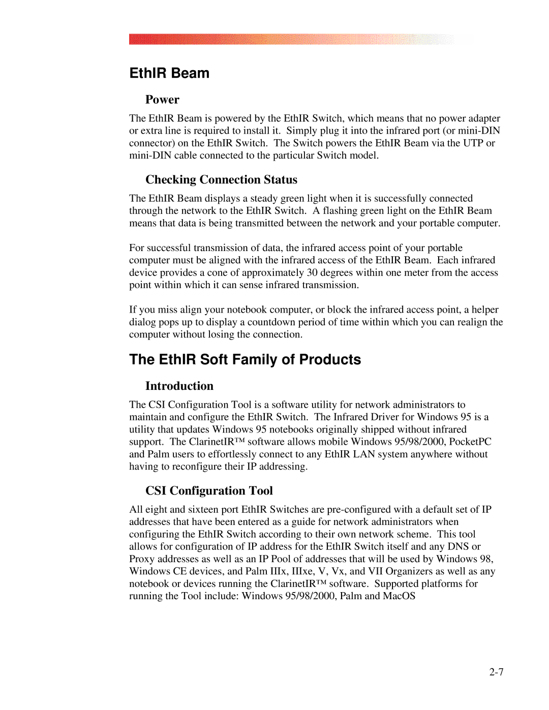 Clarinet Systems EthIR LAN manual EthIR Beam, EthIR Soft Family of Products 