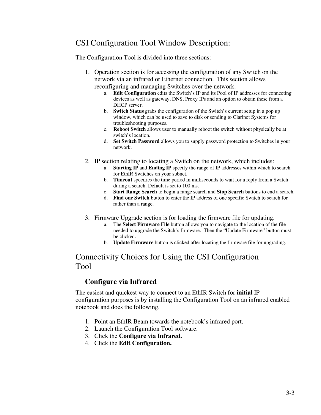 Clarinet Systems EthIR LAN manual CSI Configuration Tool Window Description, Configure via Infrared 