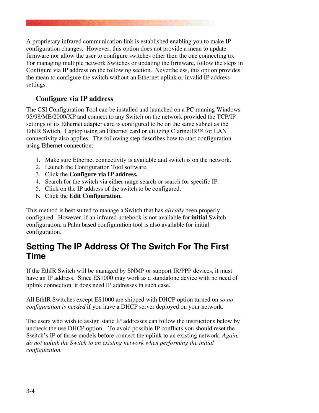 Clarinet Systems EthIR LAN manual Setting The IP Address Of The Switch For The First Time, Configure via IP address 