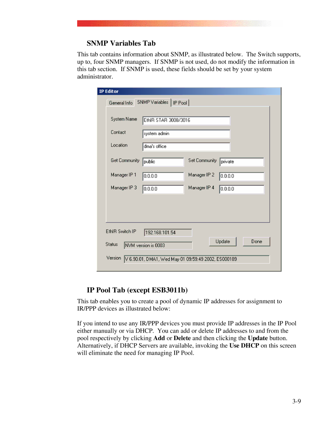 Clarinet Systems EthIR LAN manual Snmp Variables Tab, IP Pool Tab except ESB3011b 