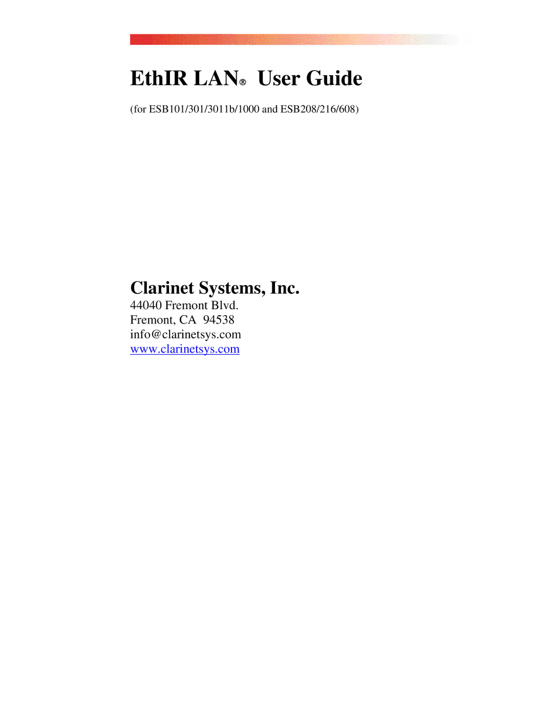 Clarinet Systems EthIR LAN manual Clarinet Systems, Inc 