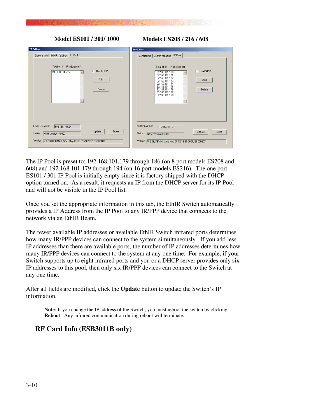 Clarinet Systems EthIR LAN manual RF Card Info ESB3011B only, Model ES101 / 301 Models ES208 / 216 