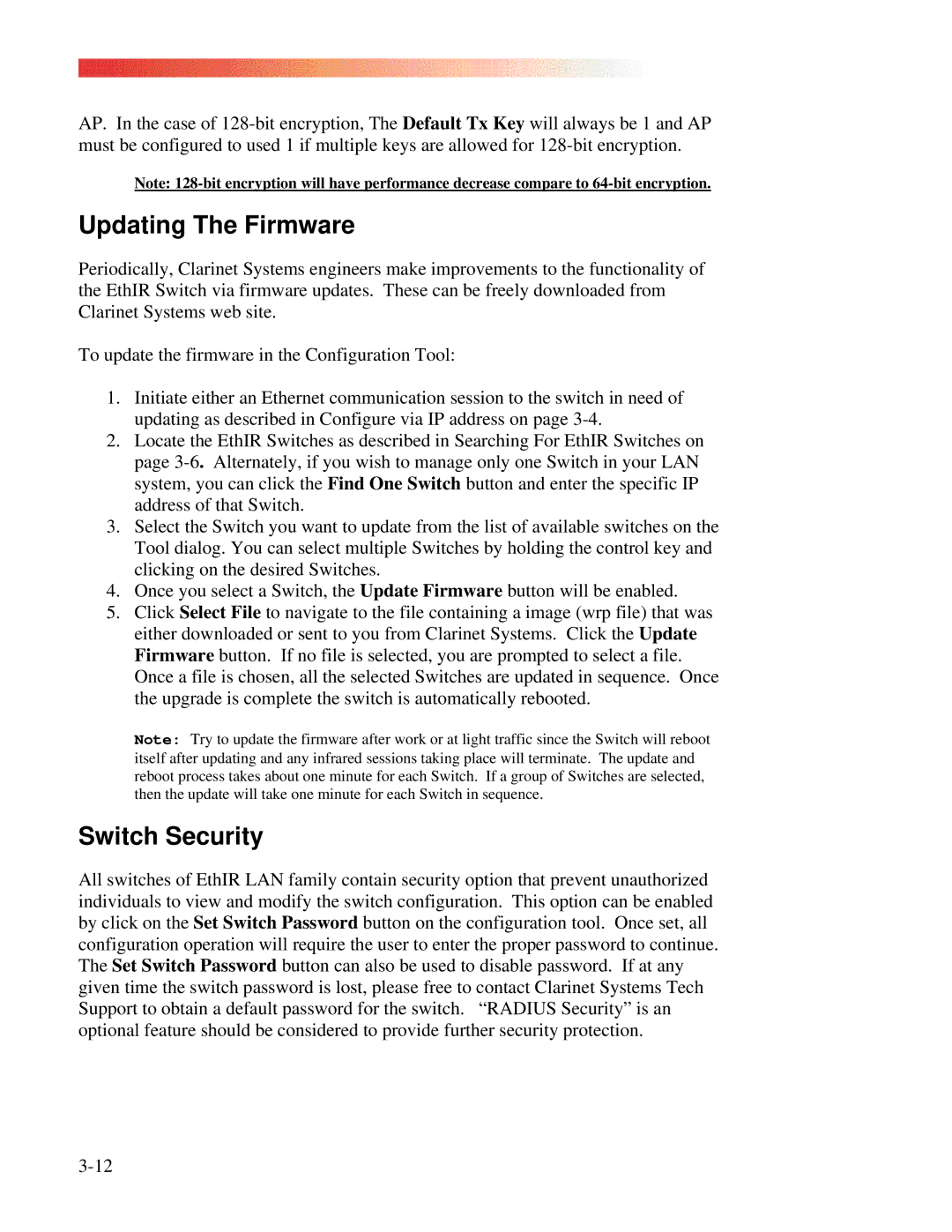 Clarinet Systems EthIR LAN manual Updating The Firmware, Switch Security 