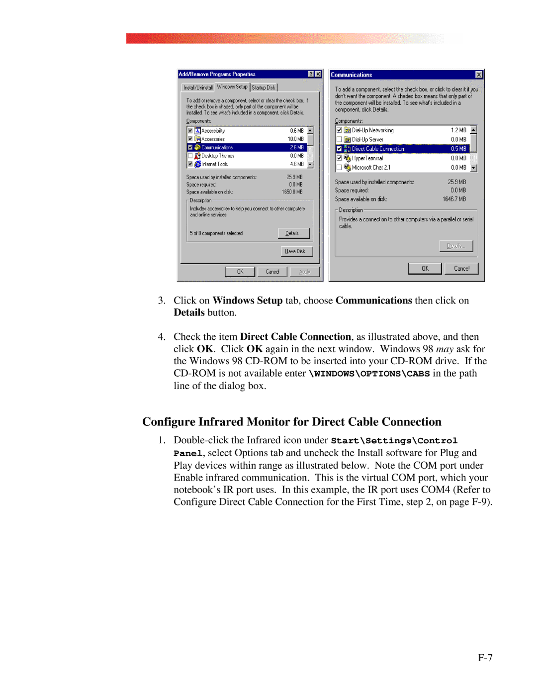 Clarinet Systems EthIR LAN manual Configure Infrared Monitor for Direct Cable Connection 