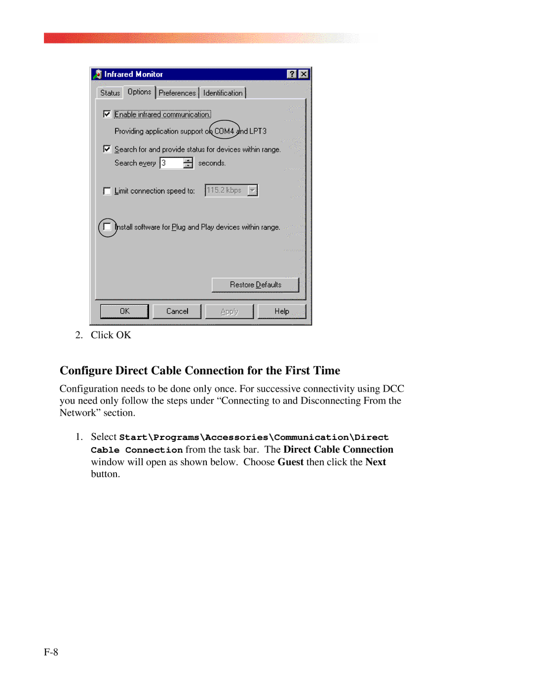 Clarinet Systems EthIR LAN manual Configure Direct Cable Connection for the First Time 