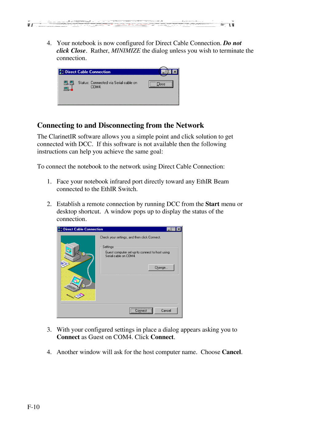 Clarinet Systems EthIR LAN manual Connecting to and Disconnecting from the Network 