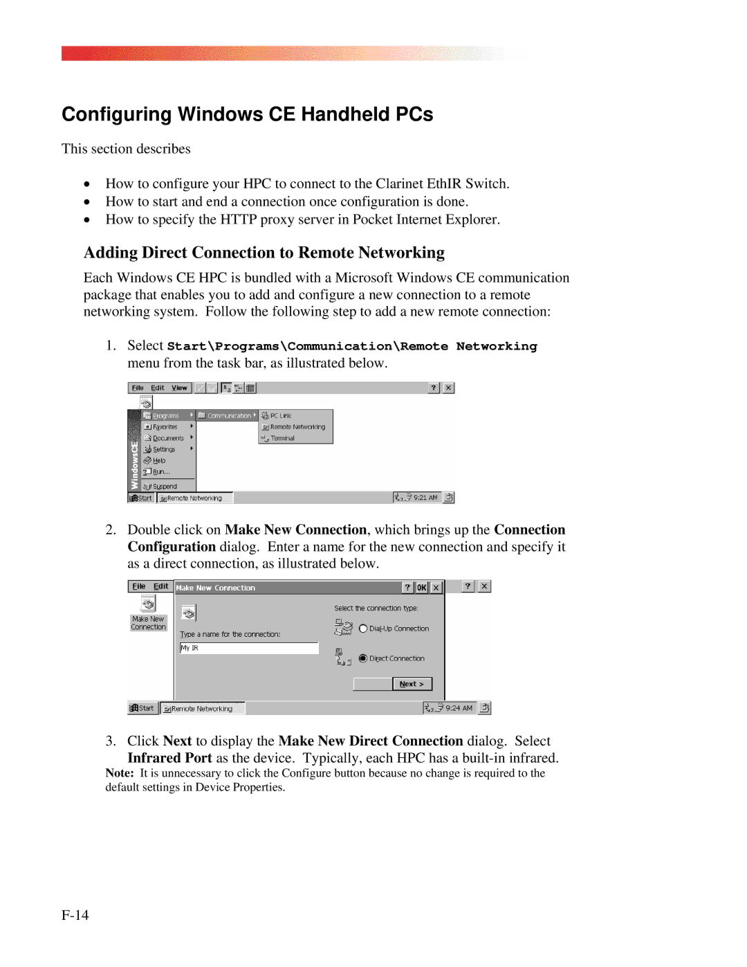 Clarinet Systems EthIR LAN manual Configuring Windows CE Handheld PCs, Adding Direct Connection to Remote Networking 