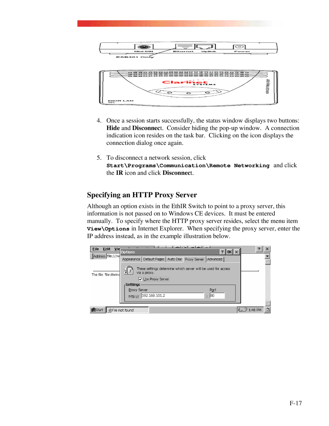 Clarinet Systems EthIR LAN manual Specifying an Http Proxy Server 