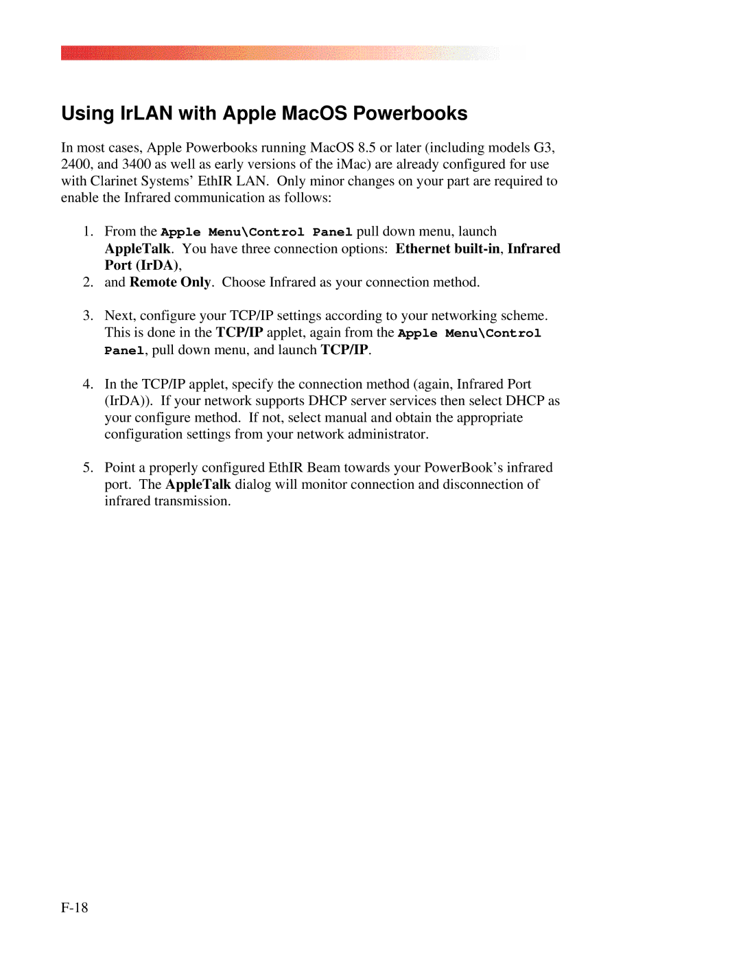 Clarinet Systems EthIR LAN manual Using IrLAN with Apple MacOS Powerbooks 