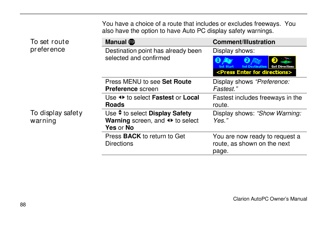 Clarion 310C To set route preference To display safety warning, Preference screen, Roads, To select Display Safety 