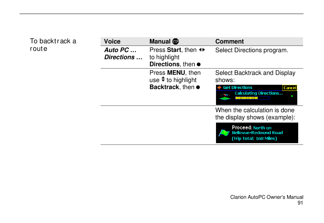 Clarion 310C owner manual To backtrack a, Route, Backtrack, then 