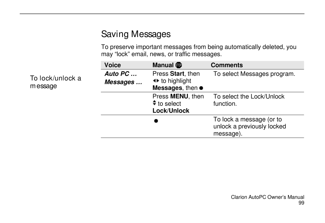 Clarion 310C owner manual Saving Messages, To lock/unlock a message, Lock/Unlock 