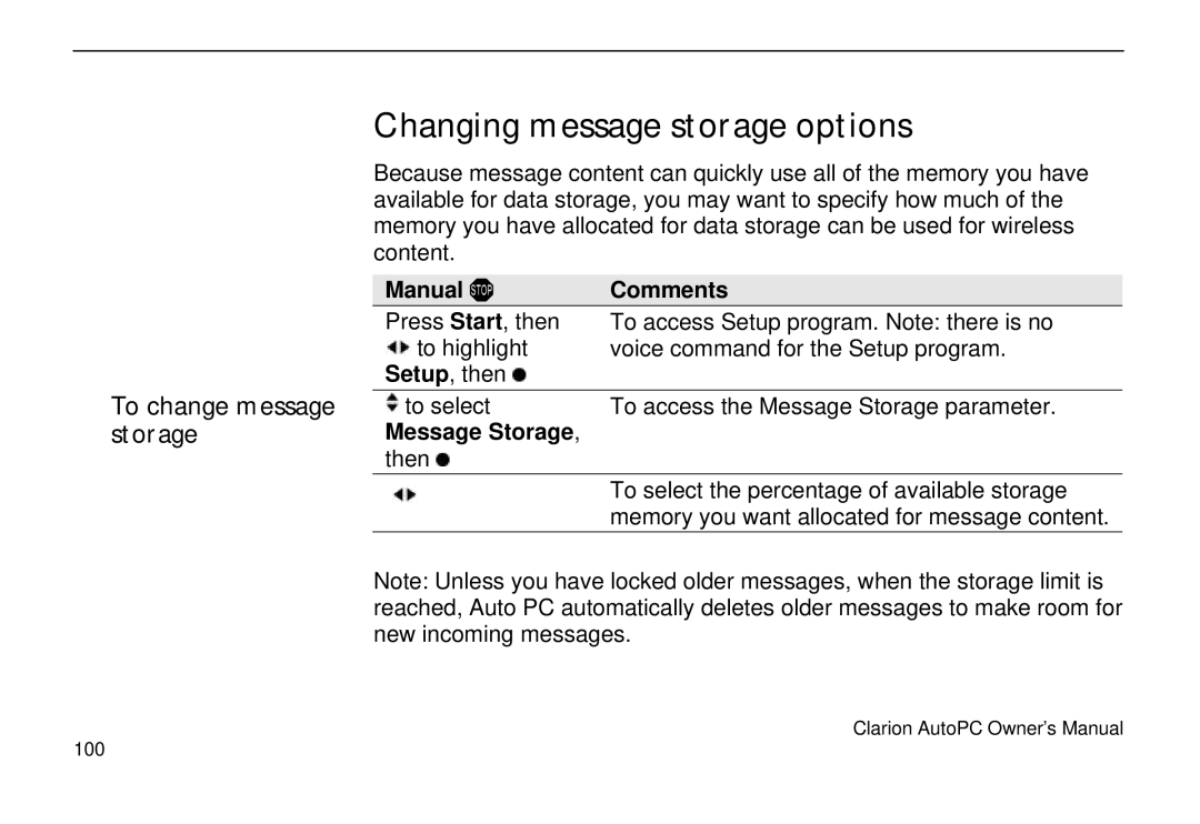 Clarion 310C owner manual Changing message storage options, To change message storage, Message Storage 