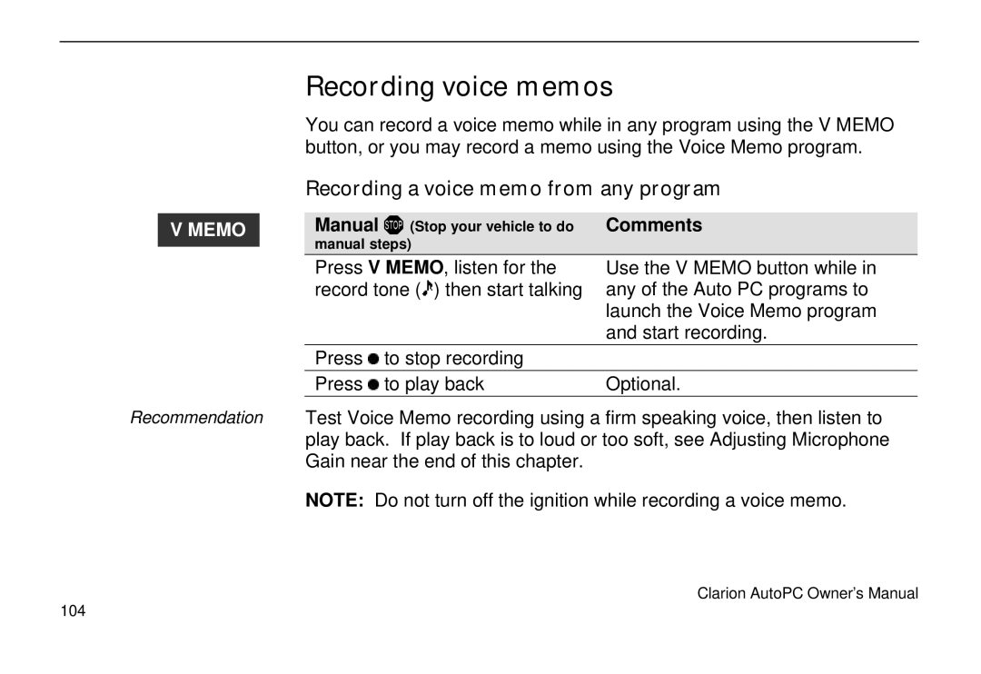 Clarion 310C owner manual Recording voice memos, Recording a voice memo from any program 