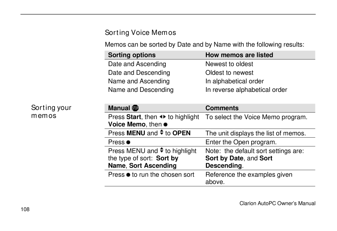 Clarion 310C owner manual Sorting your memos Sorting Voice Memos 