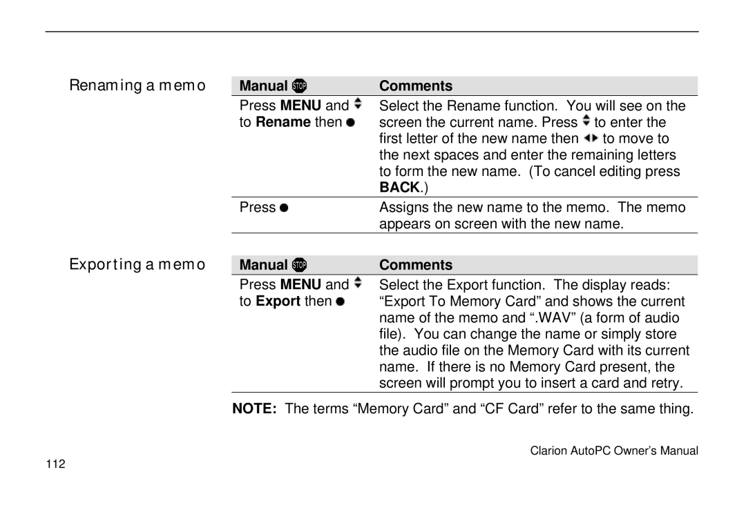 Clarion 310C owner manual Renaming a memo, Exporting a memo 