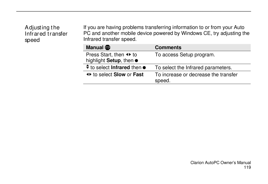 Clarion 310C owner manual Adjusting the Infrared transfer speed 